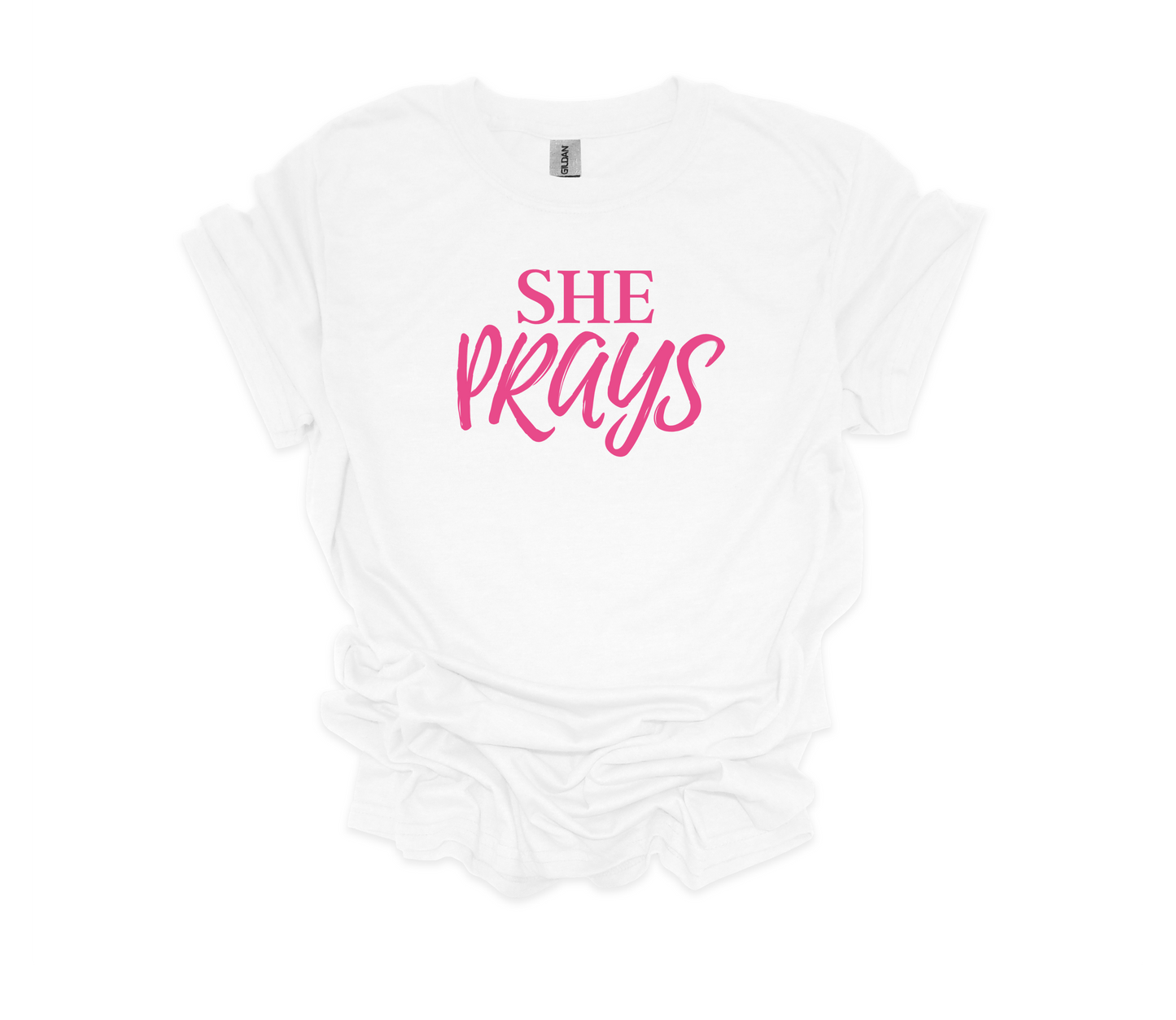 Signature She Prays T-Shirt Hot Pink Font